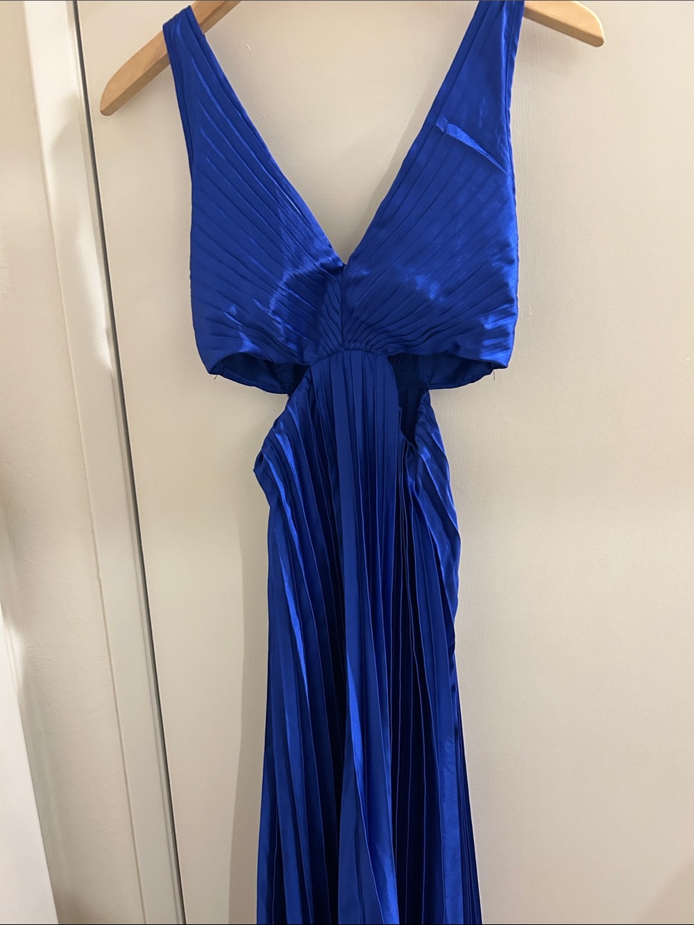 Sincerely Jules Backless Pleated Gown in Cobalt Blue